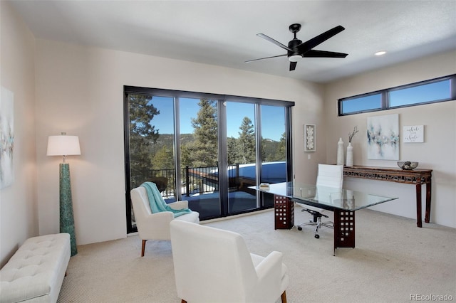 office with light carpet, plenty of natural light, and ceiling fan