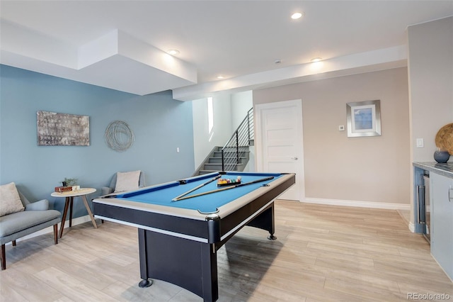 rec room with recessed lighting, pool table, baseboards, and light wood finished floors