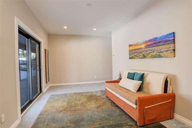 sitting room featuring recessed lighting, carpet, and baseboards