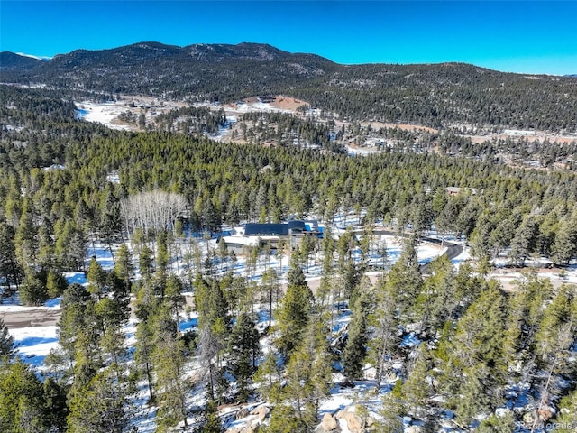 drone / aerial view with a wooded view and a mountain view