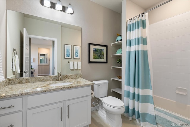 bathroom with toilet, vanity, and shower / bathtub combination with curtain