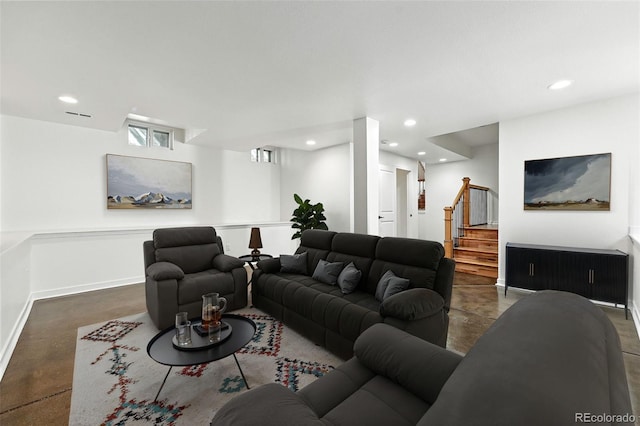 554 S Logan St, Denver, CO 80209 - living room with concrete flooring, stairway, and recessed lighting