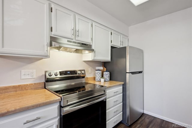 kitchen featuring dark wood finished floors, stainless steel appliances, light countertops, white cabinets, and under cabinet range hood