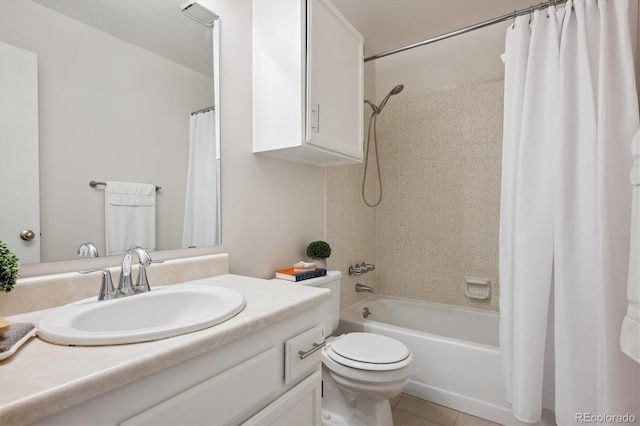 full bathroom featuring tile patterned flooring, shower / bathtub combination with curtain, toilet, and vanity