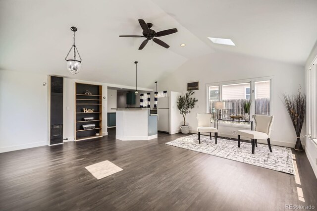 1115 W Quincy Ave, Englewood, CO 80110 - living room featuring lofted ceiling, ceiling fan, baseboards, dark wood-style flooring, and a heating unit