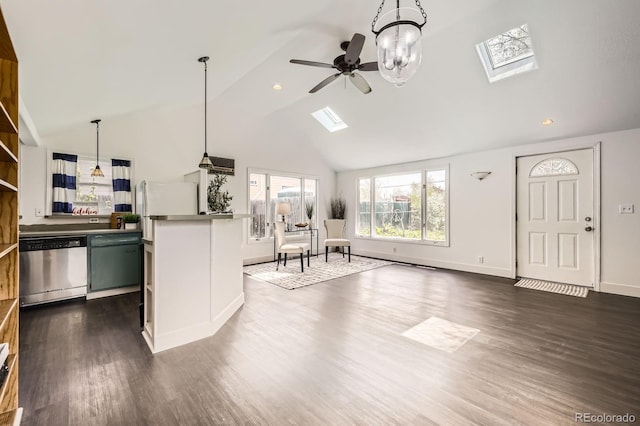 1115 W Quincy Ave, Englewood, CO 80110 - kitchen featuring dishwasher, a skylight, high vaulted ceiling, dark wood-style floors, and a ceiling fan