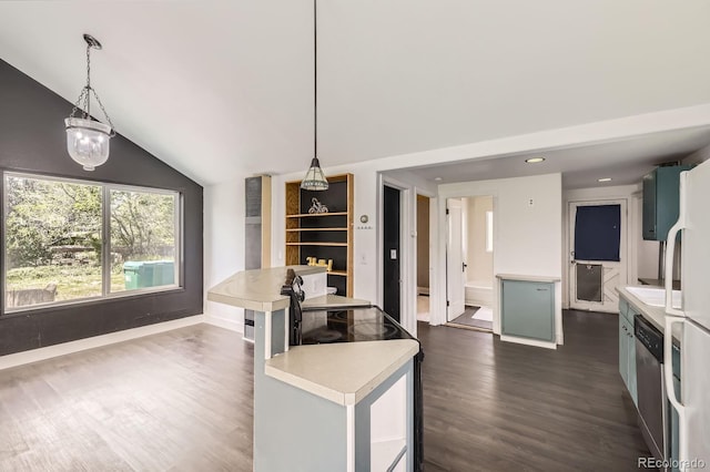 1115 W Quincy Ave, Englewood, CO 80110 - kitchen with vaulted ceiling, stainless steel dishwasher, dark wood-type flooring, light countertops, and freestanding refrigerator
