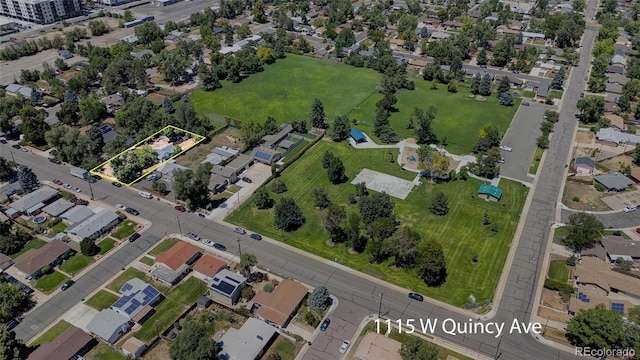 1115 W Quincy Ave, Englewood, CO 80110 - aerial view of property's location with property parcel outlined and nearby suburban area