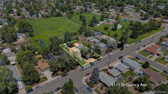 1115 W Quincy Ave, Englewood, CO 80110 - aerial view of residential area with property parcel outlined