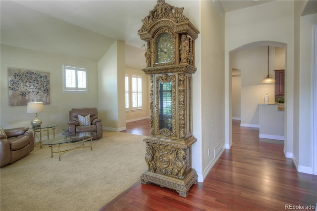 8594 W Quarto Ave, Littleton, CO 80128 - living area with arched walkways, wood finished floors, and lofted ceiling
