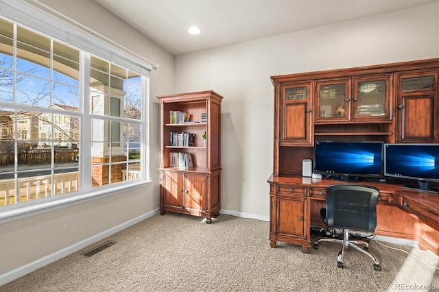 home office featuring light colored carpet, baseboards, and recessed lighting