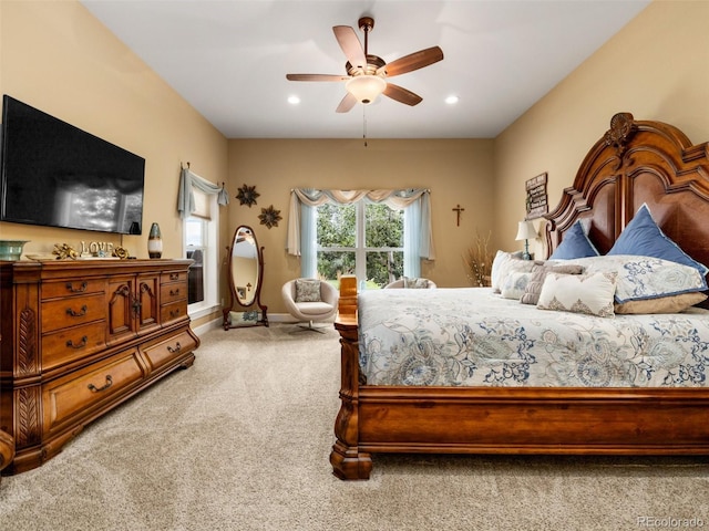 bedroom featuring carpet flooring, recessed lighting, a ceiling fan, and baseboards