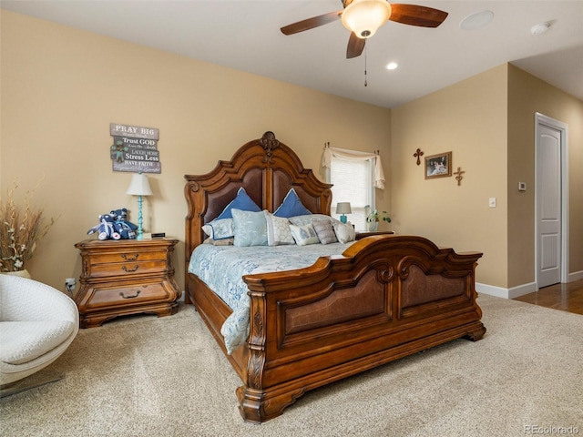 bedroom featuring recessed lighting, carpet flooring, a ceiling fan, and baseboards