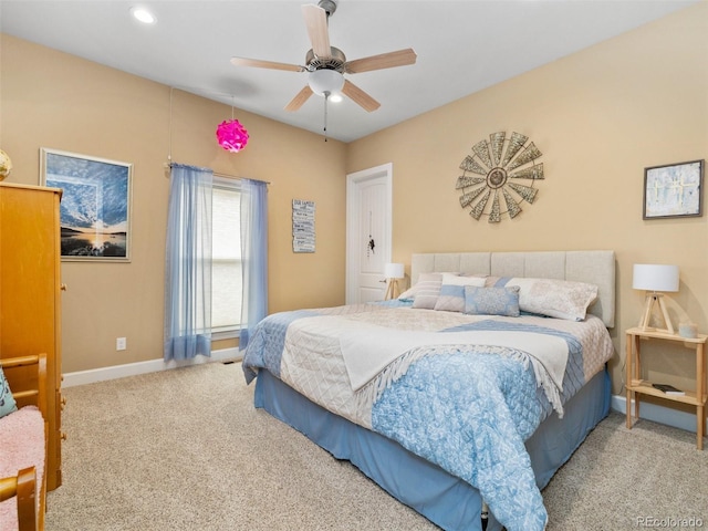 bedroom with recessed lighting, baseboards, carpet floors, and ceiling fan