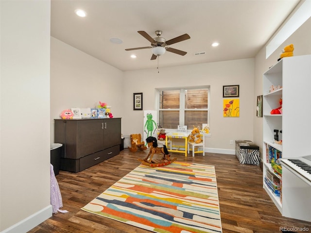 rec room with recessed lighting, visible vents, wood finished floors, and a ceiling fan