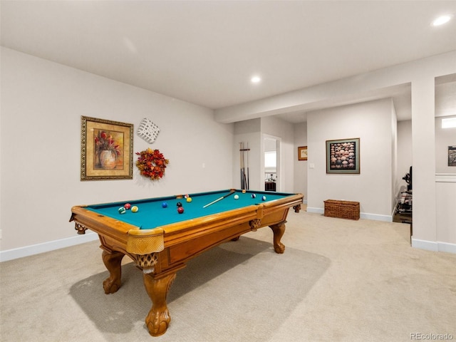 playroom featuring light carpet, recessed lighting, and baseboards