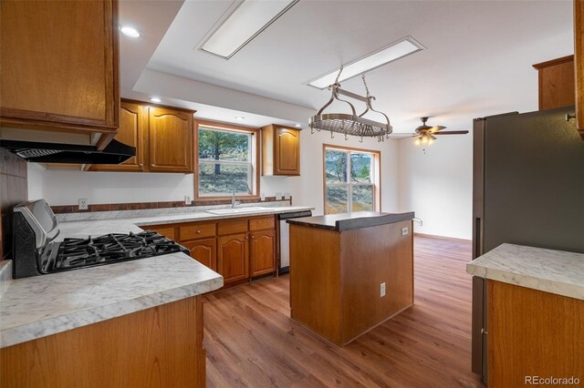 1136 Bird Point Dr, Cotopaxi, CO 81223 - kitchen featuring wood finished floors, stainless steel appliances, a kitchen island, and a sink