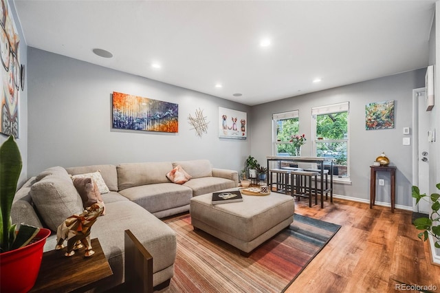 1150 Inca St Unit 43, Denver, CO 80204 - living room featuring wood finished floors, recessed lighting, and baseboards