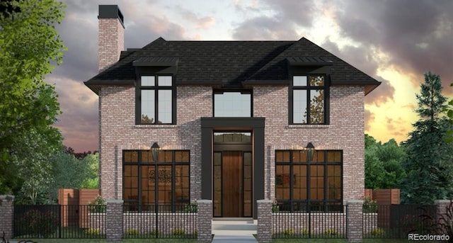 1193 S York St, Denver, CO 80210 - contemporary house featuring brick siding, a chimney, and a shingled roof