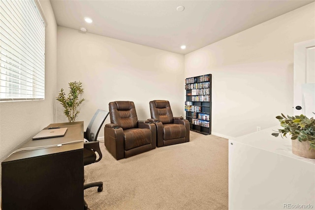 carpeted office featuring baseboards and recessed lighting