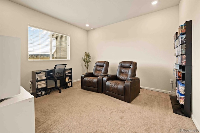 carpeted office space featuring baseboards and recessed lighting