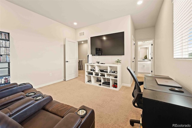 home office with recessed lighting, visible vents, baseboards, and carpet floors