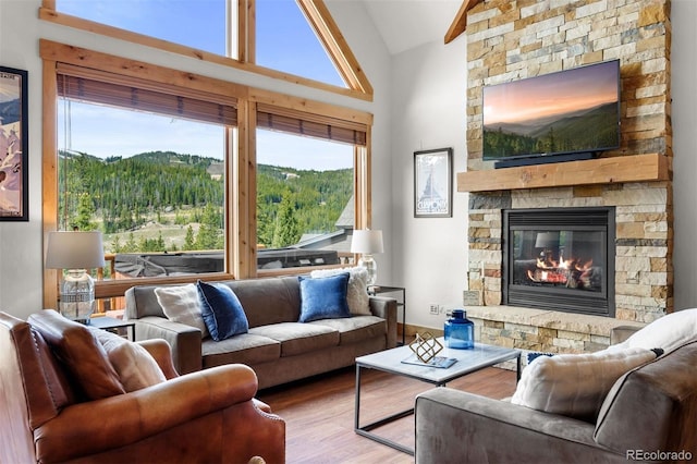 200 Antler Way, Winter Park, CO 80482 - living room featuring plenty of natural light, wood finished floors, lofted ceiling, a stone fireplace, and baseboards