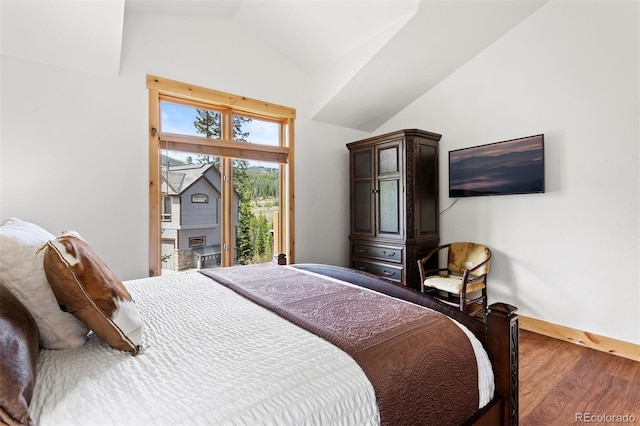 200 Antler Way, Winter Park, CO 80482 - bedroom with lofted ceiling, wood finished floors, access to exterior, and baseboards
