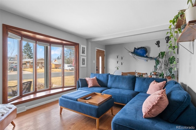 living room featuring wood finished floors, visible vents, and baseboards