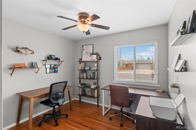 home office featuring ceiling fan, wood finished floors, and baseboards