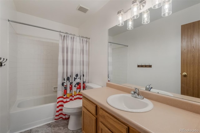 full bathroom with shower / tub combo, vanity, toilet, and tile patterned floors