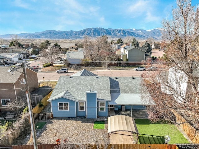 drone / aerial view featuring a mountain view