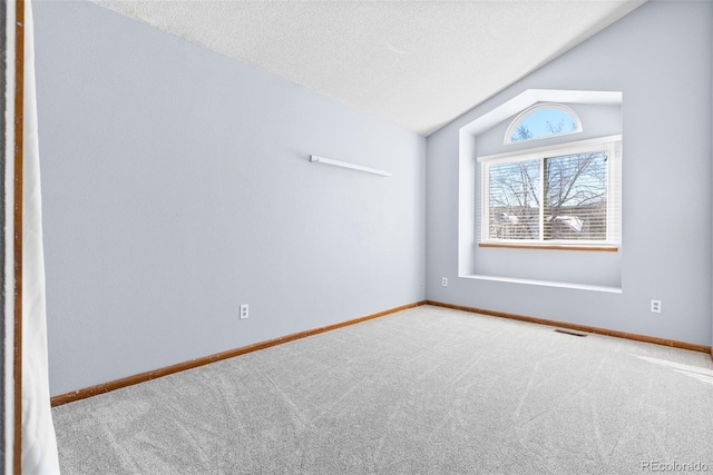 interior space with lofted ceiling, a textured ceiling, and carpet floors