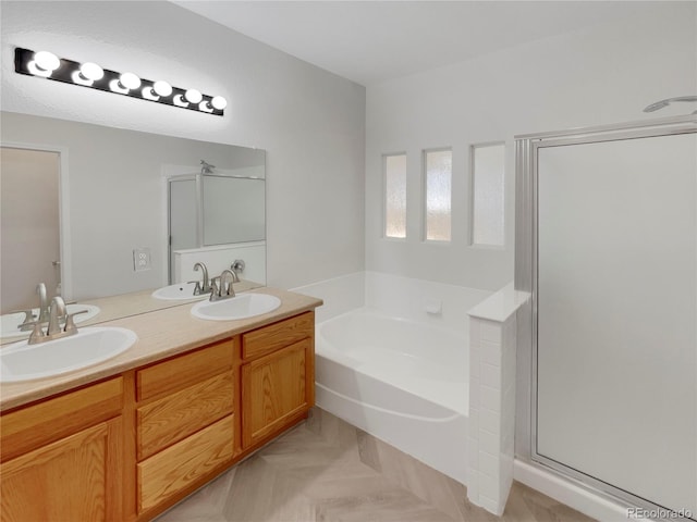 bathroom with vanity and plus walk in shower