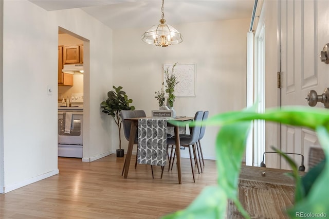 dining space featuring light hardwood / wood-style flooring and a chandelier