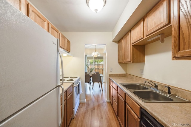 kitchen with pendant lighting, sink, light wood-type flooring, and white appliances