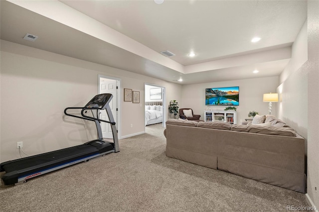 workout room with carpet, visible vents, baseboards, and recessed lighting