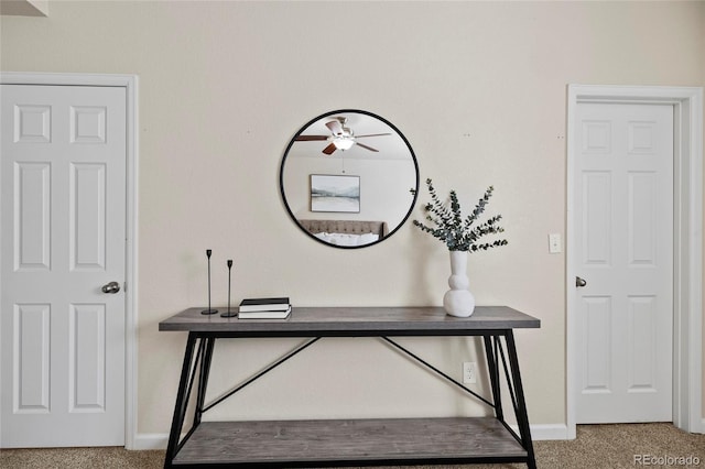 interior details featuring ceiling fan, baseboards, and carpet flooring