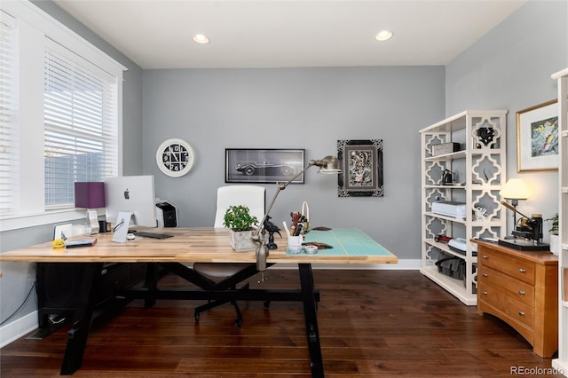 office area with recessed lighting, baseboards, and wood finished floors