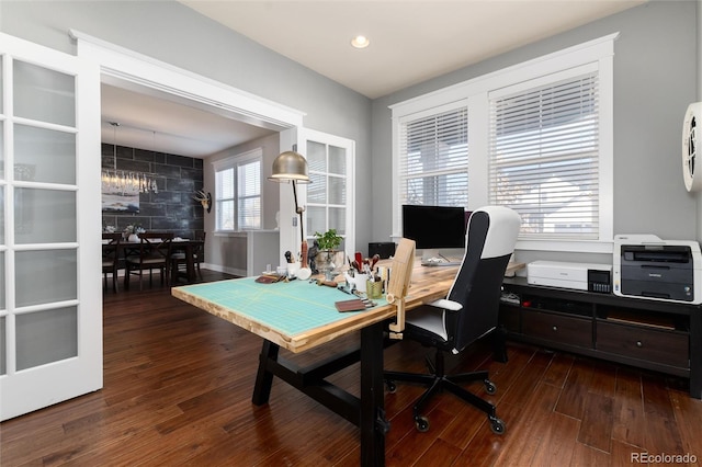 office area featuring dark wood-type flooring and recessed lighting