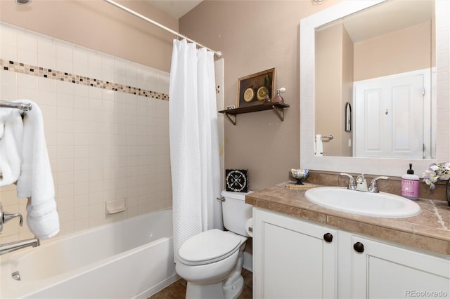 bathroom featuring shower / bathtub combination with curtain, vanity, and toilet