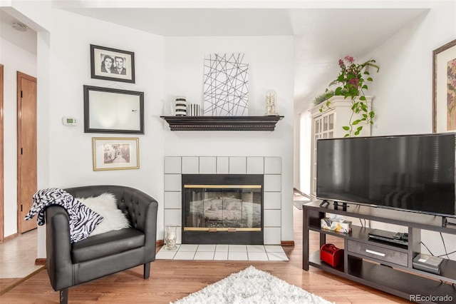 living area with a fireplace and wood finished floors