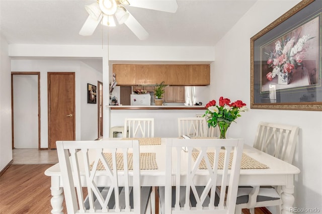 dining area featuring wood finished floors and ceiling fan