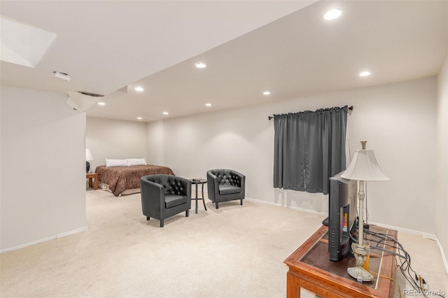 bedroom with recessed lighting, carpet, and baseboards