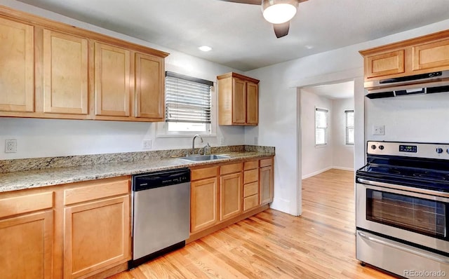 kitchen with sink, light hardwood / wood-style flooring, stainless steel appliances, and plenty of natural light