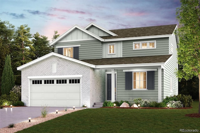 view of front of home featuring driveway, a yard, board and batten siding, an attached garage, and a shingled roof