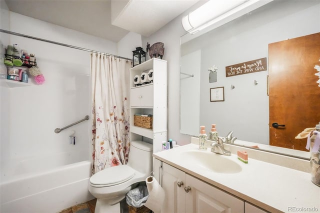 full bathroom featuring vanity, toilet, and shower / bathtub combination with curtain