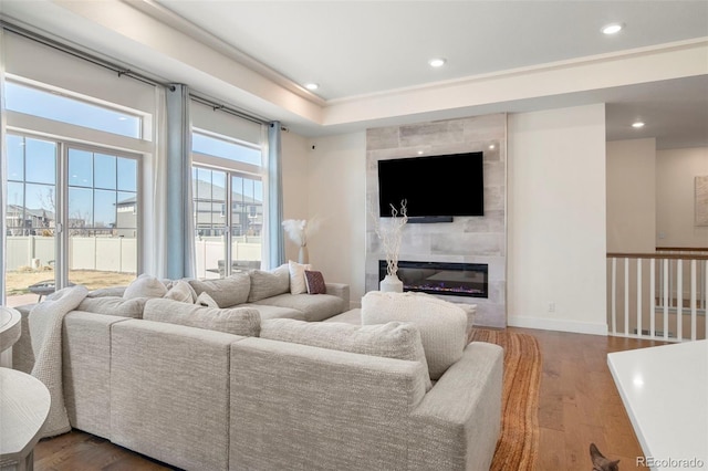 living room with wood-type flooring and a fireplace