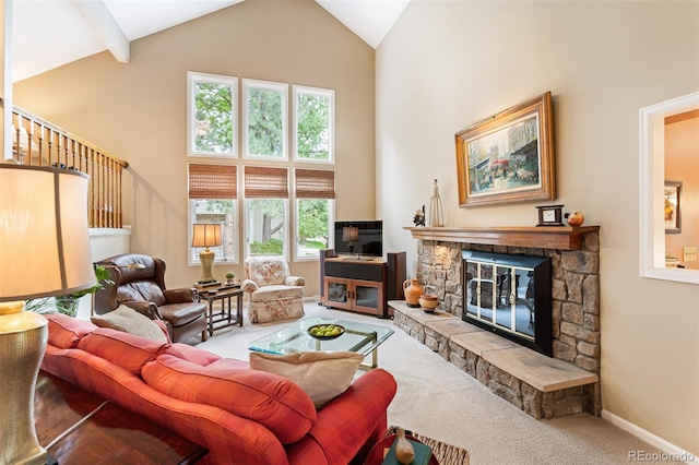 carpeted living room featuring high vaulted ceiling, beam ceiling, and a fireplace