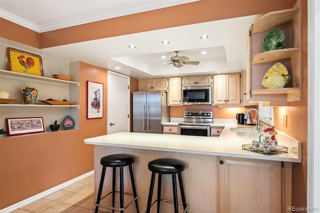 kitchen featuring a tray ceiling, a breakfast bar area, sink, kitchen peninsula, and appliances with stainless steel finishes